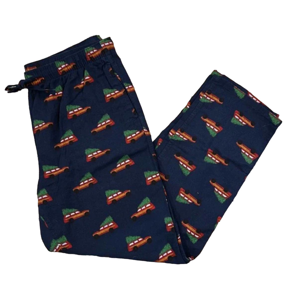 NWT J. Crew Men's Navy W/Christmas Tree & Truck Print Flannel Sleep Pants -LARGE